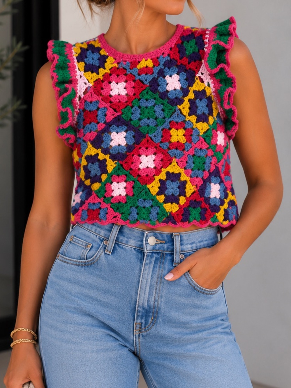 Farm Rio Hand-Crocheted Multicolor Ruffle Sleeve Crop Top